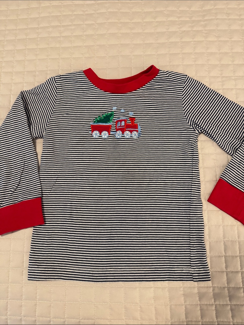 Ishtex size 3 navy stripe long sleeve tee with Christmas appliqué